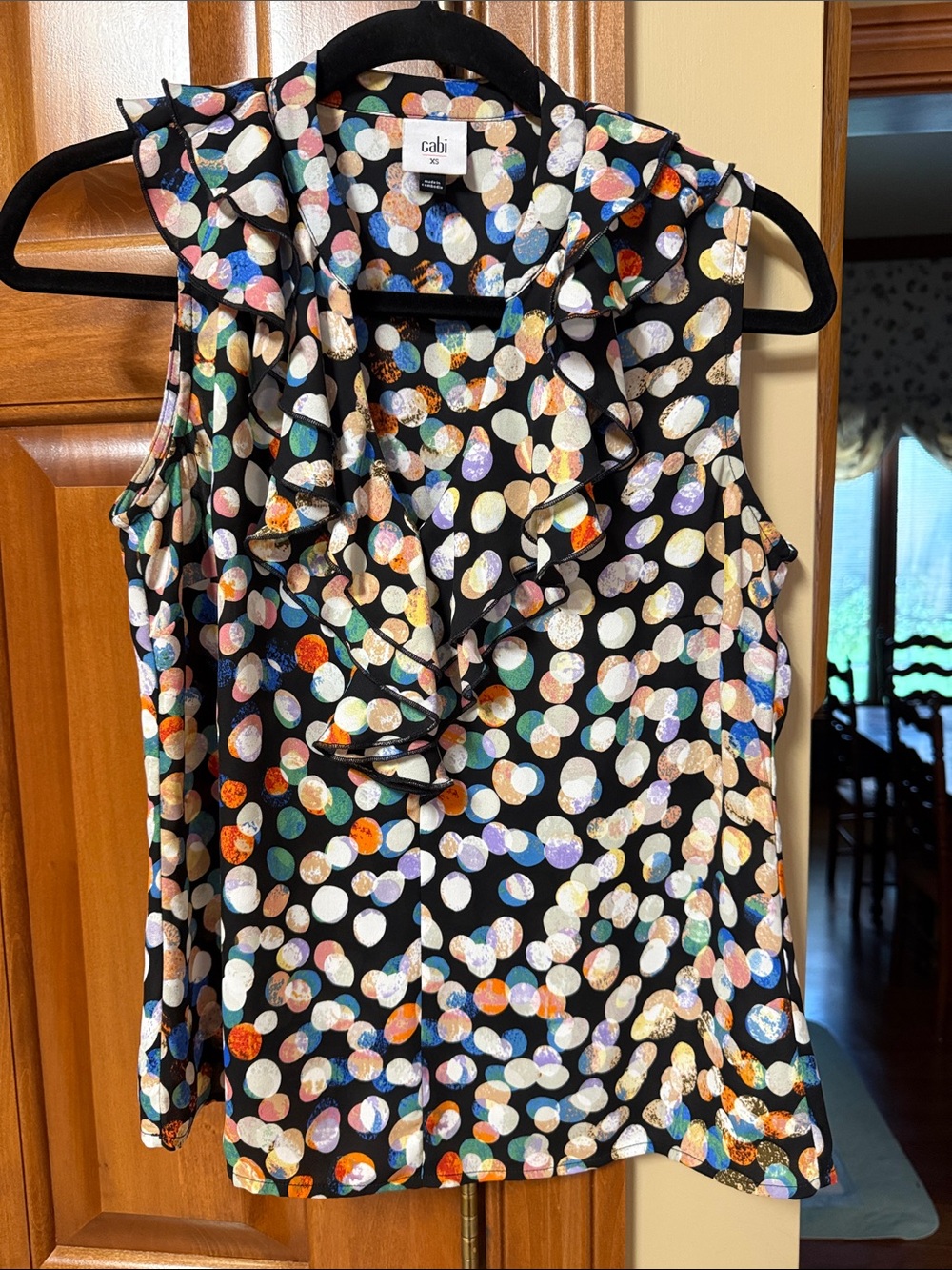 CAbi Sleeveless Ruffle V-Neck Polka Dot Top in Black Multi